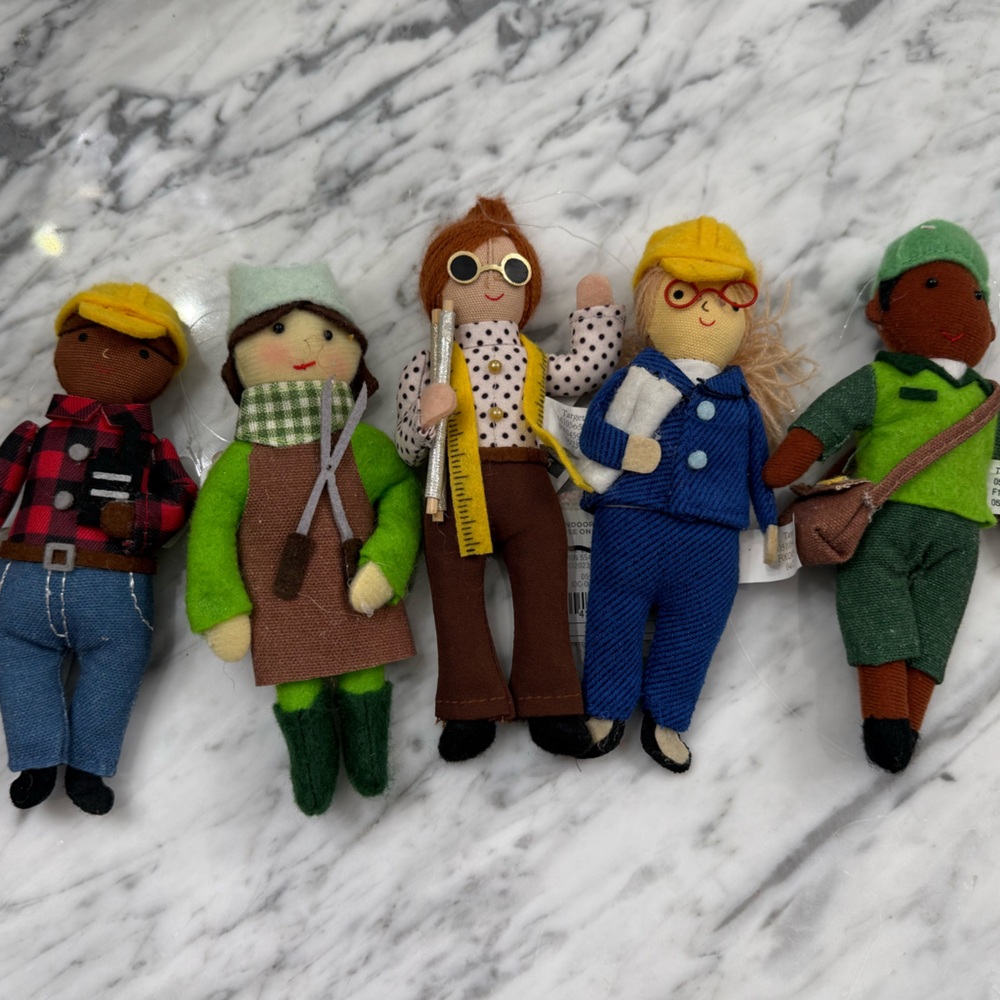 NWT Handcrafted Felt Doll Ornament Set of 5 Career Workers Gardener Construction